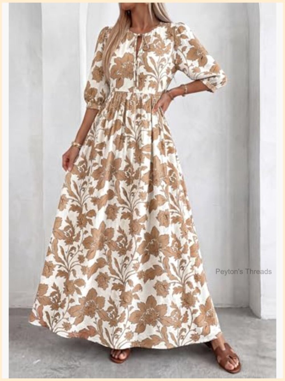 Boho Floral 3/4 Sleeve Maxi Dress with Pockets - Flowy - Picture 3 of 7